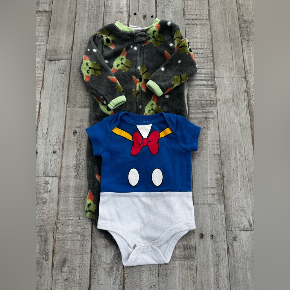 Disney Blue and White Donald Duck Bodysuit and Yoda Footed Pajamas